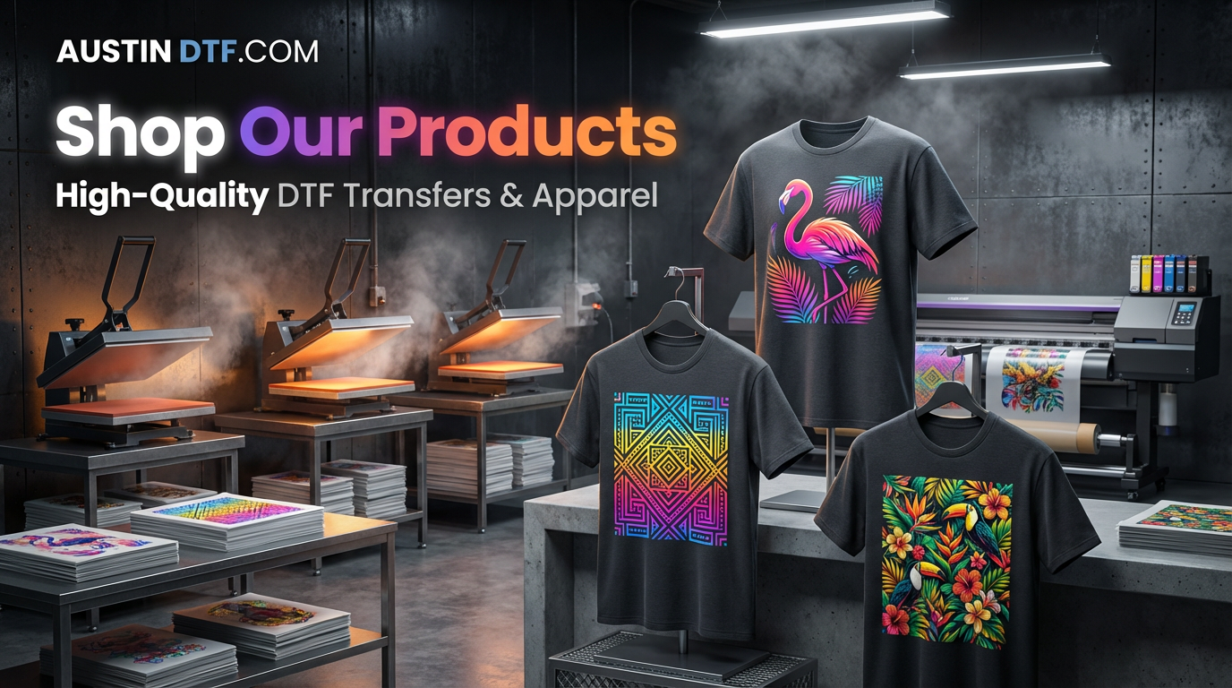 Shop page hero image featuring 2-3 dark grey T-shirts with vibrant colorful DTF transfers displaying flamingos, geometric shapes, and tropical patterns. Industrial workshop setting with active heat presses glowing bright orange and large format DTF printer with colorful film roll. Dark textured metal walls with exposed industrial elements and steam effects. Dramatic overhead lighting creates strong highlights on products and equipment. Professional e-commerce photography showcasing high-quality DTF transfers. AUSTIN DTF.COM branding in top-left. Vibrant purple, pink, orange, yellow, and blue DTF graphics stand out against dark grey fabric. Dark workshop atmosphere with warm orange glow from heat presses.