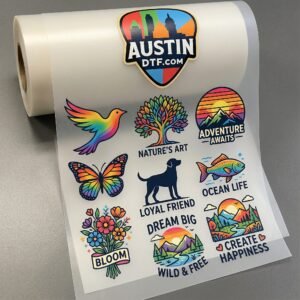 "Custom DTF gang sheet from AustinDTF with multiple designs arranged on a single sheet, ready for vibrant, durable heat transfer printing."