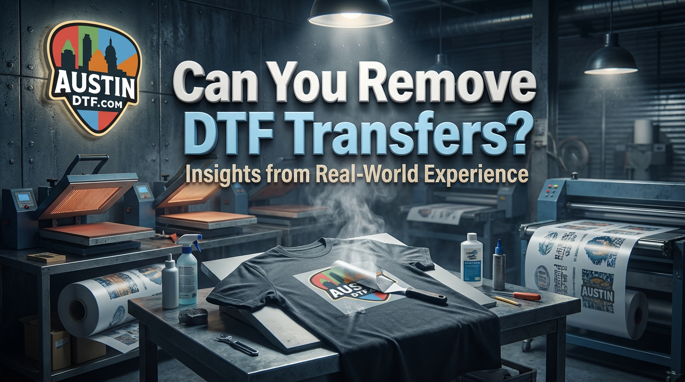 Professional blog cover photograph of an industrial DTF printing facility. Dark studio background with dramatic lighting showcasing a modern heat press machine. A realistic white t-shirt with vibrant DTF transfer design is prominently displayed in the center. The AUSTIN DTF.COM logo is positioned in the top corner. Bold white text reads "Can You Remove DTF Transfers?" with subtitle "Insights from Real-World Experience". Photorealistic textures with fabric details, metal equipment reflections, and professional product photography lighting. Modern industrial print shop atmosphere with high contrast and cinematic quality. Ultra-realistic commercial photography style demonstrating DTF printing technology and transfer removal process.