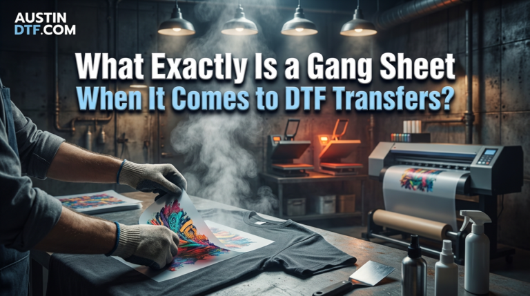 Industrial workshop scene showcasing DTF (direct-to-film) transfer printing process. Close-up view of gloved hands in protective gray work gloves carefully peeling a clear film from a vibrant multicolored DTF transfer on a dark gray t-shirt laid flat on a workbench. The transfer features abstract organic shapes in bright blues, greens, yellows, oranges, and reds. White steam rises from the transfer area indicating recent heat application. Metal scraper and white spray bottles are visible on the workbench. Background shows two orange-glowing heat press machines on a metal shelf and a large DTF printer with colorful printed film roll. Dark textured metallic walls with exposed pipes. Four industrial pendant lights create dramatic lighting with bright highlights and deep shadows. Text overlay at top: "What Exactly Is a Gang Sheet When It Comes to DTF Transfers?" in bold sans-serif with white and light blue text. "AUSTIN DTF.COM" logo in top-left corner. Professional, focused industrial atmosphere with muted grays contrasting vivid transfer colors. 16:9 landscape format.