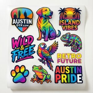 A collection of vibrant, rainbow-colored graphic designs arranged on a white background, including a stylized Austin skyline logo labeled “Austin DTF.com,” a multicolored dog, chameleon, frog, and parrot, a tropical sunset graphic reading “Island Vibes,” bold text saying “Wild & Free,” a rainbow paw print, and typography reading “Retro Future Austin Pride,” all rendered in bright, high-contrast neon hues with thick outlines.